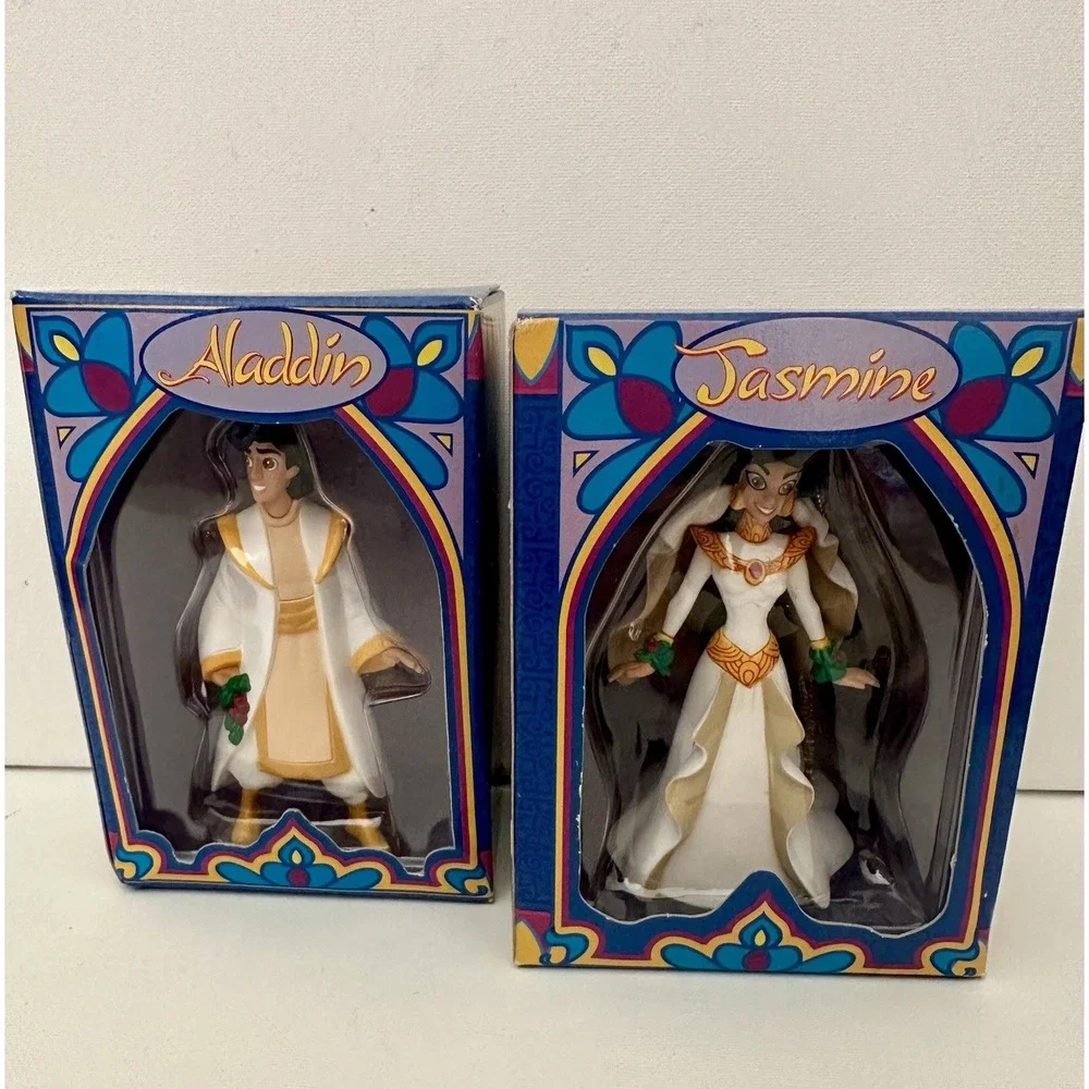 (2) Disney Grolier Collectible Christmas Magic Aladdin Jasmine Ornaments New Vtg